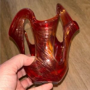 Hand Blown Art Glass Handkerchief Swung Red Adventurine Gold 5 Fingers box Ao